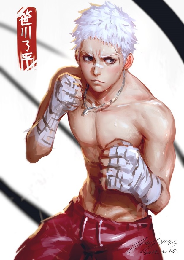 1boy bandage_on_face bandaged_hands blurry boxing_shorts character_name clenched_hands dated depth_of_field fighting_stance grey_eyes jewelry katekyo_hitman_reborn lucha_cha muscle necklace sasagawa_ryohei shorts signature solo sweat white_hair