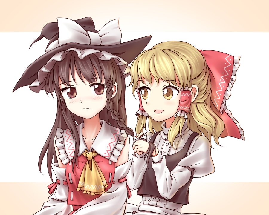 2girls alternate_hairstyle ascot blonde_hair blush braid braiding_hair brown_eyes brown_hair detached_sleeves hair_ribbon hair_tubes hairdressing hakurei_reimu hat hat_ribbon headwear_switch japanese_clothes kirisame_marisa long_hair long_sleeves looking_at_another miko minust multiple_girls open_mouth puffy_sleeves ribbon shirt short_hair side_braid single_braid skirt skirt_set smile touhou turtleneck vest wide_sleeves witch_hat yellow_eyes