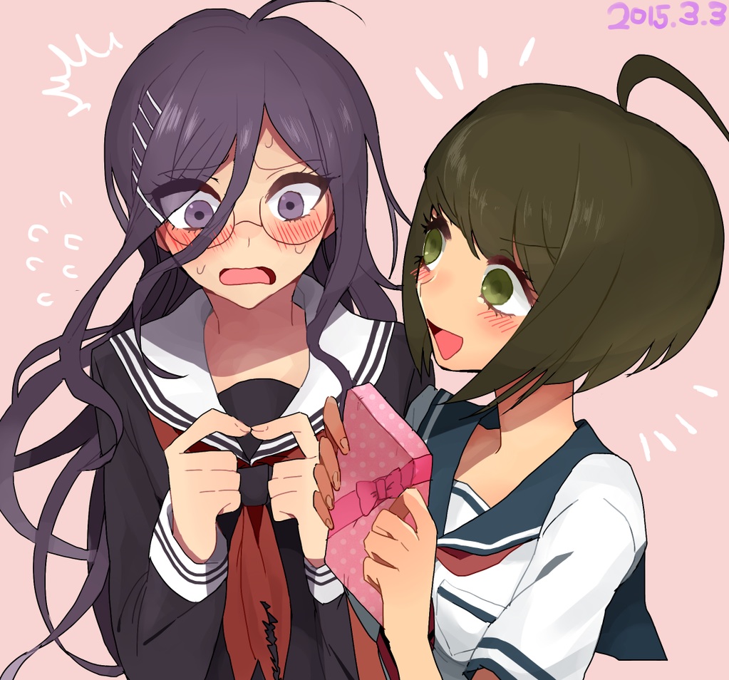 &gt;:d /\/\/\ 2015 2girls :d ahoge black_serafuku blush brown_hair dangan_ronpa dated fingers_together fukawa_touko gift glasses green_eyes holding long_hair multiple_girls naegi_komaru open_mouth purple_hair round_glasses school_uniform serafuku shine5s short_hair smile violet_eyes zettai_zetsubou_shoujo