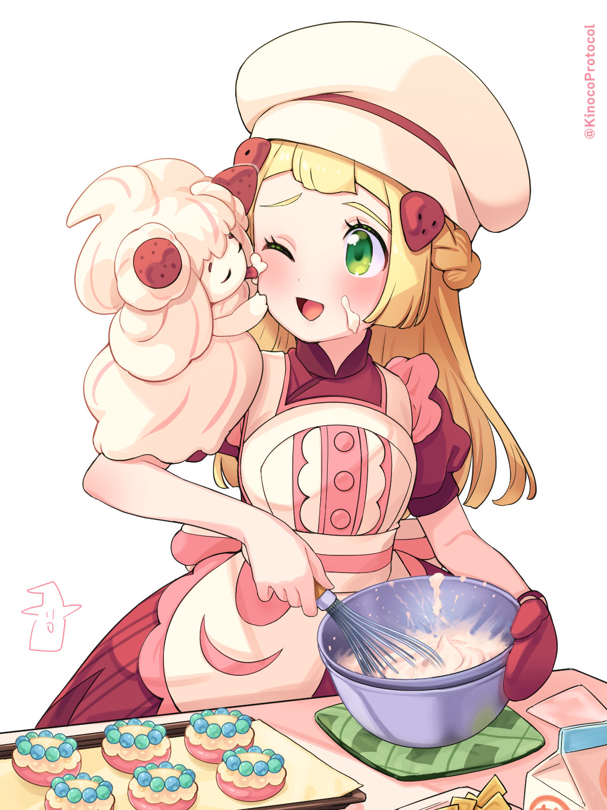 1girl ;d alcremie alcremie_(strawberry_sweet) apron baking_sheet bangs blonde_hair blunt_bangs bowl braid buttons chef_hat commentary_request cooking cosplay dawn_(pokemon)_(cosplay) dress eyelashes food food_on_face green_eyes hair_ornament hairclip hat highres hikari_(pokemon) holding holding_whisk kinocopro licking licking_another's_face lillie_(pokemon) long_hair one_eye_closed open_mouth oven_mitts pokemon pokemon_(creature) pokemon_(game) pokemon_masters_ex pokemon_sm red_dress red_mittens smile table tongue twitter_username watermark whisk white_background yellow_apron