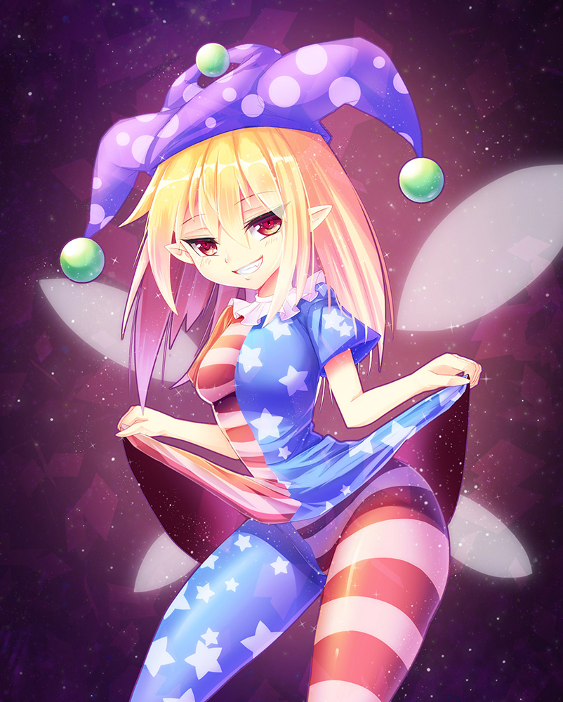 1girl american_flag american_flag_dress american_flag_legwear american_flag_shirt blonde_hair blush breasts clownpiece dress fairy_wings frilled_collar grin hat jester_cap leggings long_hair looking_at_viewer open_mouth pantyhose polka_dot red_eyes short_sleeves smile solo star striped touhou wings z.o.b