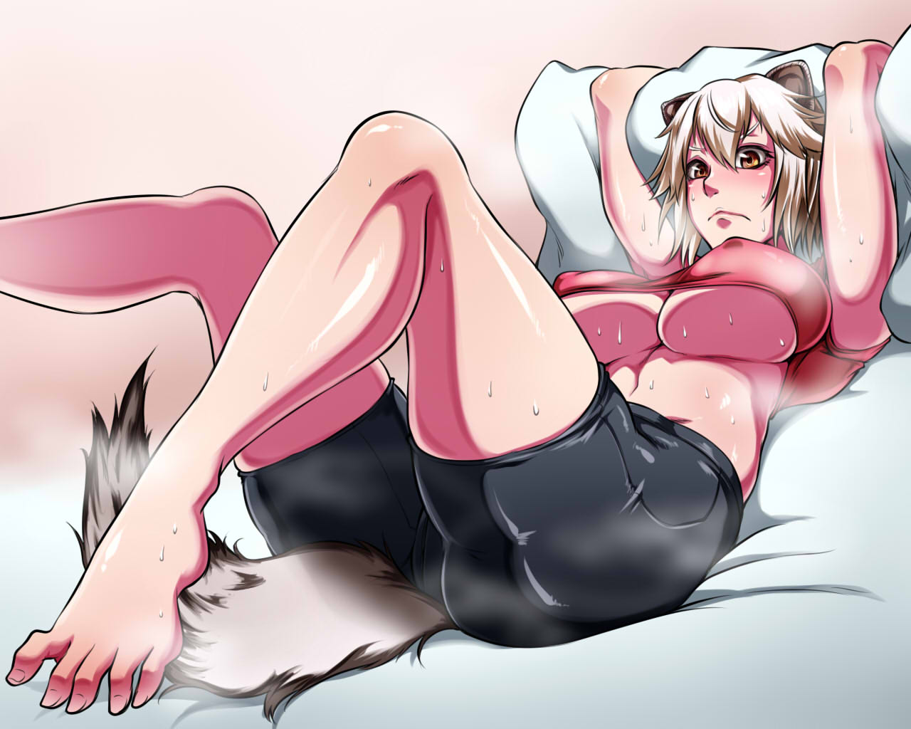 1girl animal_ears bike_shorts breasts brown_eyes frown kanta_(k_n_t_r_o) large_breasts lying on_back pillow plump short_hair silver_hair solo steam sweat tail thighs under_boob