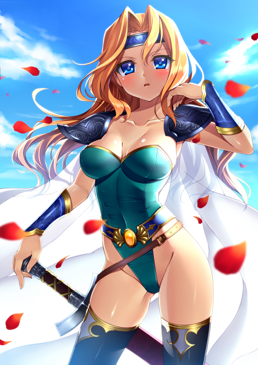 1girl arm_up armpits belt blonde_hair blue_eyes breasts bucchake_(asami) cape celes_chere cleavage clouds collarbone covered_navel final_fantasy final_fantasy_vi headband highleg highleg_leotard highres leotard long_hair pauldrons petals sheath sheathed sky solo sword thigh-highs thighs vambraces weapon