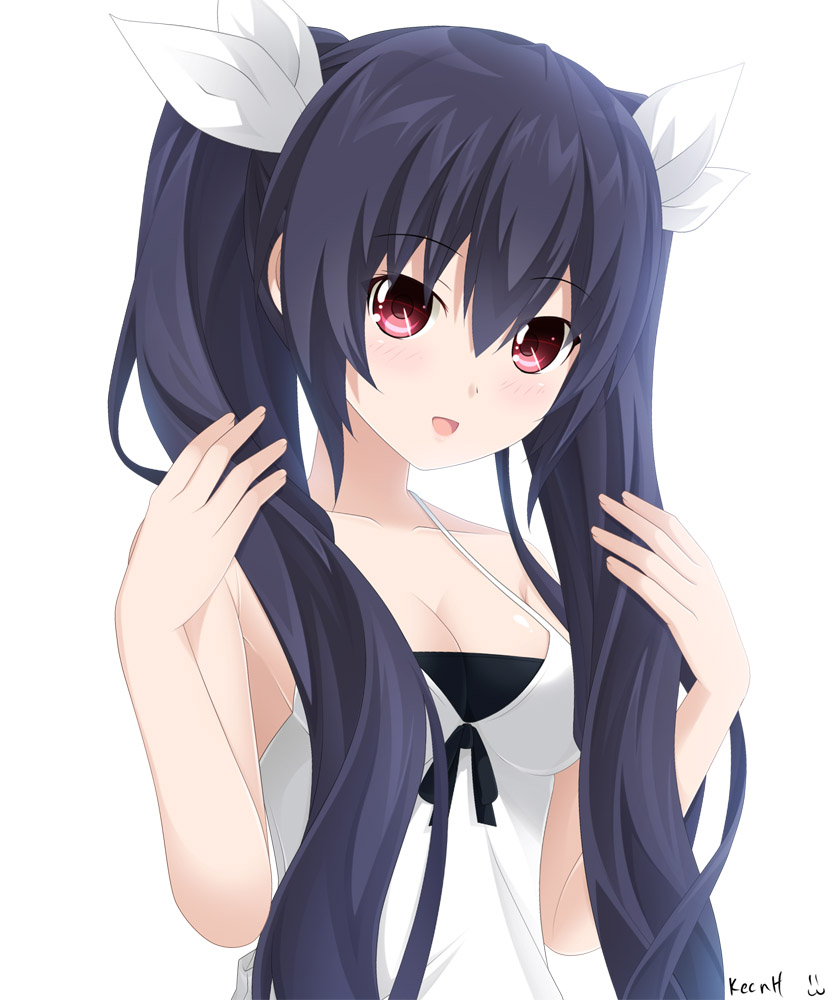 1girl alternate_costume bare_shoulders black_hair blush breasts casual cleavage hair_ornament keenh long_hair neptune_(series) noire open_mouth red_eyes smile twintails