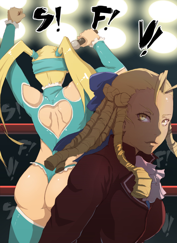 2girls antenna_hair ass back_cutout blonde_hair bow domino_mask fist_pump hair_bow heart_cutout jacket kanzuki_karin leotard long_hair mask microphone multiple_girls rainbow_mika ringlets street_fighter street_fighter_v thigh-highs thong_leotard twintails whistle_frog wrestling_ring yellow_eyes