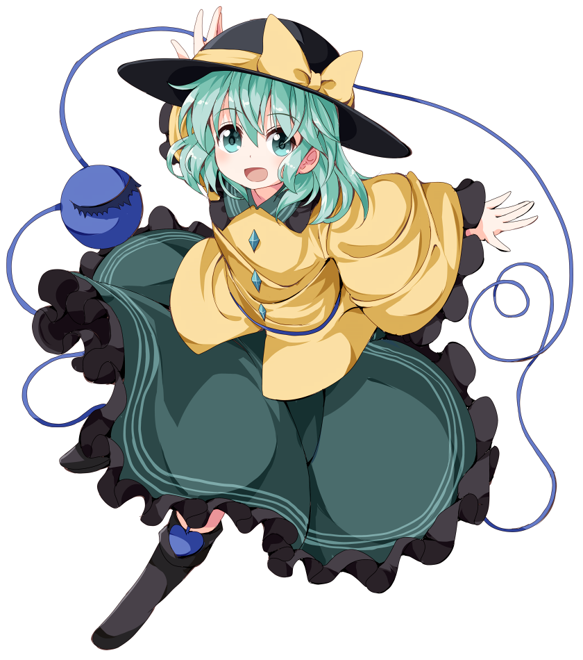 1girl blouse blush boots full_body green_eyes green_hair green_skirt hair_between_eyes hat hat_ribbon knee_boots komeiji_koishi long_sleeves looking_at_viewer open_mouth outstretched_arms ribbon shirt short_hair simple_background skirt skirt_set smile solo string third_eye touhou tsurukou_(tksymkw) white_background wide_sleeves