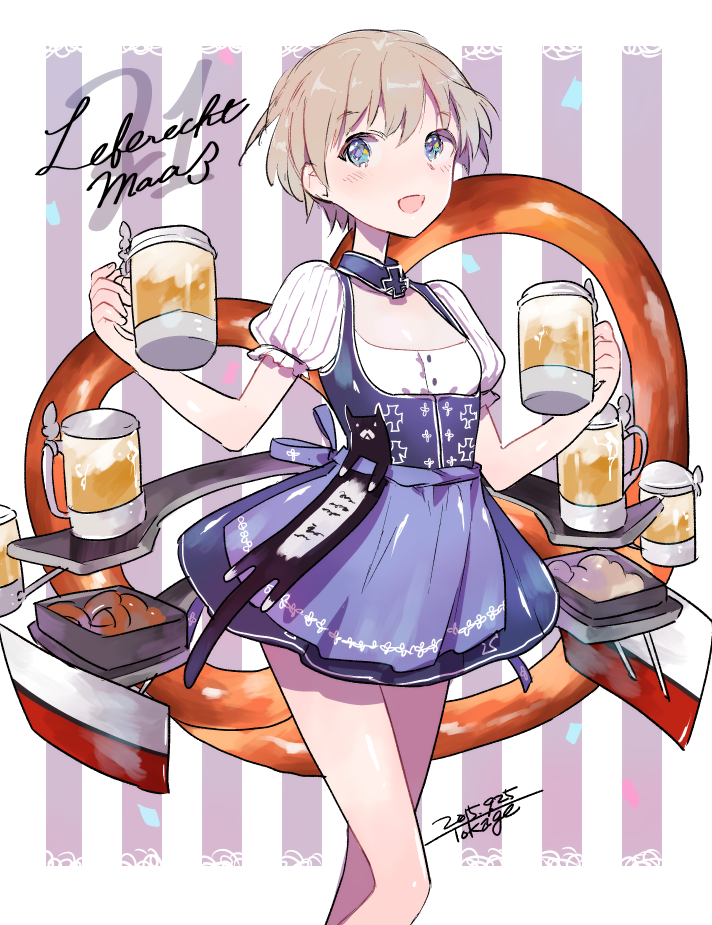 1girl :d alcohol alternate_costume artist_name beer beer_mug blue_eyes character_name confetti cursive dated dirndl dress german_clothes ichikura_tokage iron_cross kantai_collection open_mouth pretzel short_hair signature silver_hair smile solo vertical-striped_background vertical_stripes z1_leberecht_maass_(kantai_collection)