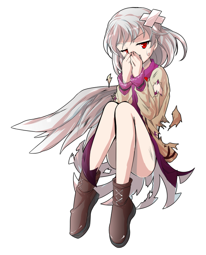 1girl alphes_(style) beaten covering_mouth crossed_bandaids dairi dress hand_over_own_mouth jacket kishin_sagume parody red_eyes short_hair silver_hair single_wing style_parody torn_clothes touhou transparent_background wings