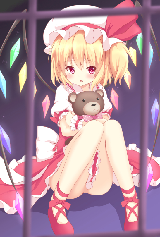 1girl blonde_hair bow convenient_censoring doll_hug flandre_scarlet hakuto_(28syuku) hat hat_bow mary_janes no_panties red_eyes sash shoes solo stuffed_animal stuffed_toy teddy_bear touhou wings