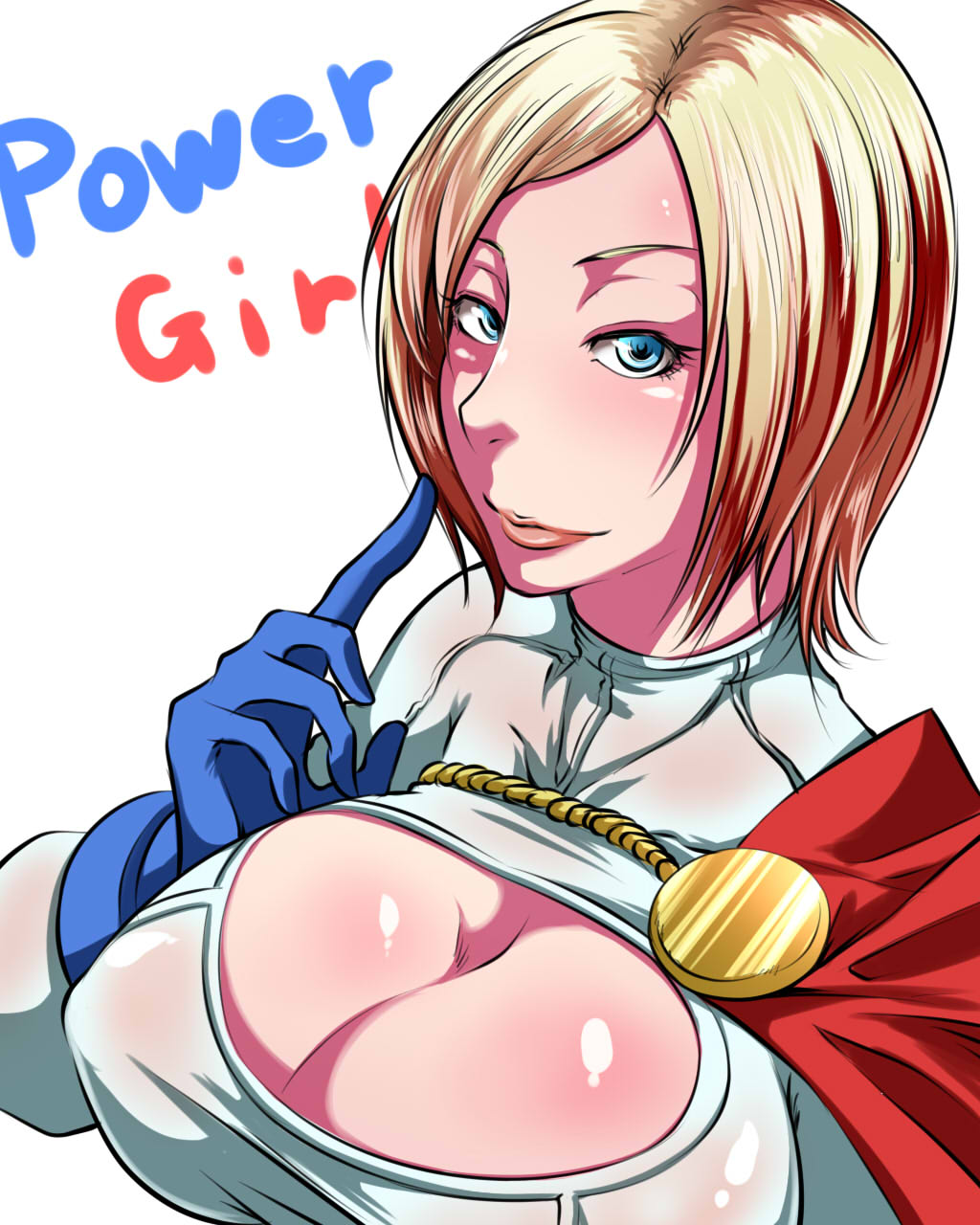 1girl blonde_hair blue_eyes breasts character_name cleavage cleavage_cutout dc_comics finger_to_face gloves highres kanta_(k_n_t_r_o) large_breasts lips looking_at_viewer pointing pointing_up power_girl short_hair simple_background smile solo white_background