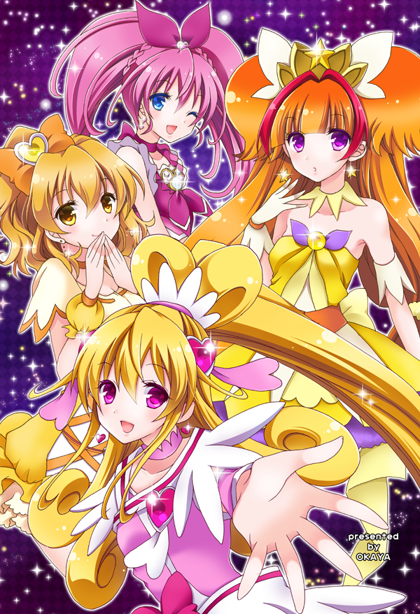 4girls ;d aida_mana amanogawa_kirara artist_name blonde_hair blue_eyes bow braid brooch brown_hair choker cure_heart cure_melody cure_pine cure_twinkle curly_hair dokidoki!_precure earrings fresh_precure! gloves go!_princess_precure hair_bow hair_ornament half_updo heart_hair_ornament houjou_hibiki jewelry long_hair magical_girl multicolored_hair multiple_girls okayashi one_eye_closed open_mouth orange_bow outstretched_hand pink_bow pink_eyes pink_hair precure purple_background quad_tails redhead short_hair side_ponytail skirt smile sparkle star star_earrings streaked_hair suite_precure twintails two-tone_hair violet_eyes white_gloves wrist_cuffs yamabuki_inori yellow_eyes