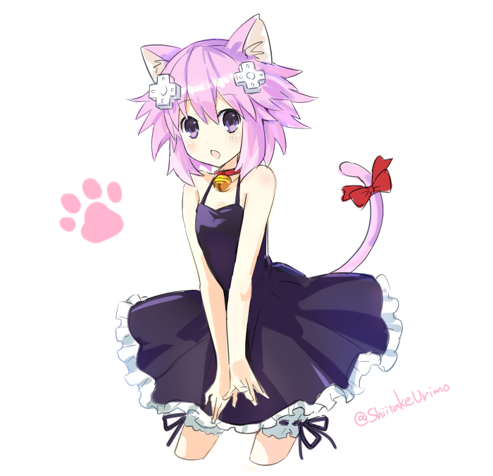 1girl animal_ears artist_name bell cat_ears cat_girl cat_tail collar d-pad hair_ornament neptune_(choujigen_game_neptune) neptune_(series) open_mouth paw_print purple_hair ribbon shiitake_urimo source_request tail violet_eyes