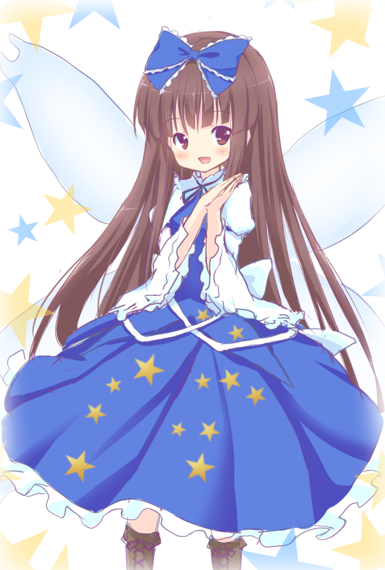 1girl boots bow fairy_wings hair_bow hakuto_(28syuku) long_hair open_mouth solo star star_sapphire straight_hair touhou very_long_hair wide_sleeves wings