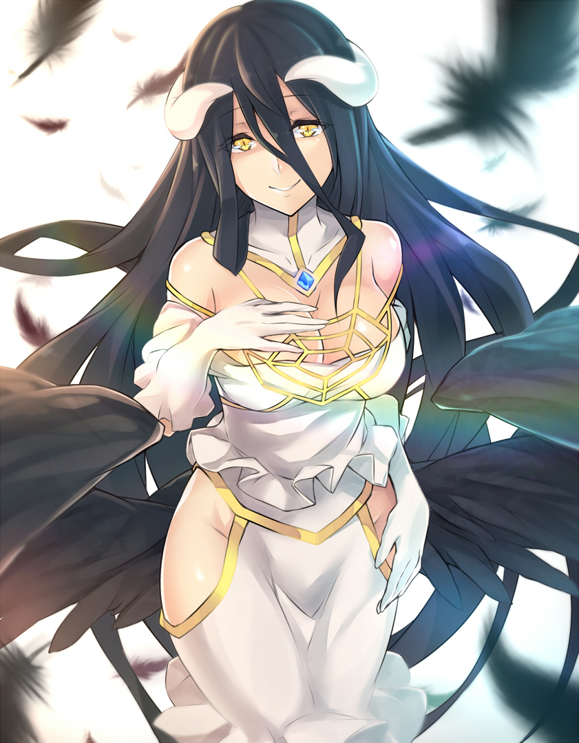 1girl albedo backlighting bare_shoulders bird_wings black_hair black_wings breasts cleavage demon_girl demon_horns dress elbow_gloves feathers gloves hand_on_own_chest hip_vent horns large_breasts long_hair low_wings makita_(twosidegekilove) overlord_(maruyama) slit_pupils smile solo very_long_hair white_dress white_gloves wings yellow_eyes