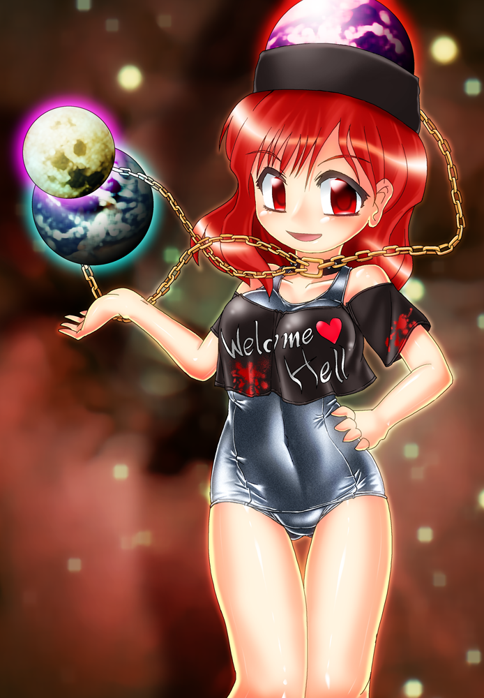 1girl chain clothes_writing collar earth_(ornament) hecatia_lapislazuli looking_at_viewer moon_(ornament) off_shoulder one-piece_swimsuit open_mouth red_eyes redhead short_hair short_sleeves smile solo swimsuit t-shirt touhou winn
