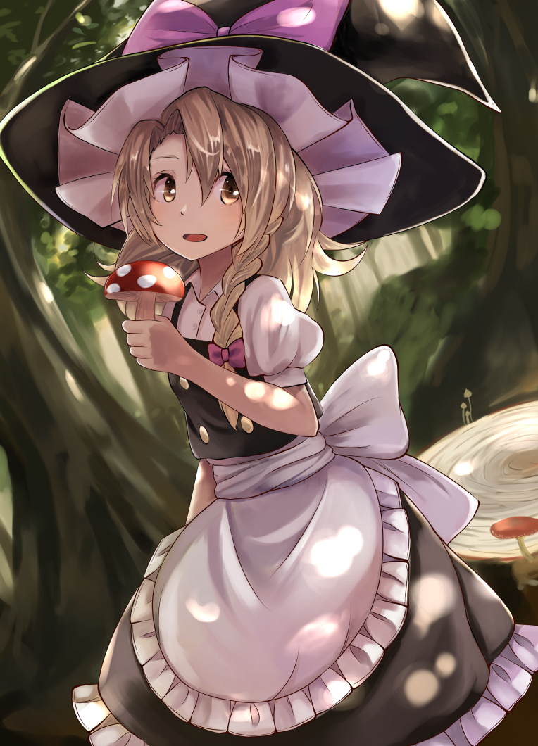 +5cm 1girl apron blonde_hair bow braid hair_bow hair_ornament hat hat_ribbon kirisame_marisa long_hair looking_to_the_side mushroom open_mouth outdoors pink_bow puffy_sleeves ribbon shirt short_sleeves side_braid single_braid skirt skirt_set smile solo touhou tree tree_stump vest waist_apron white_bow witch_hat yellow_eyes