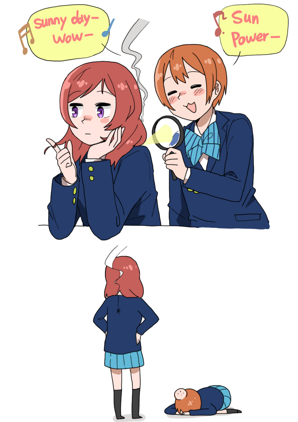 2girls :3 anyan_(jooho) bowing burn_mark closed_eyes comic english highres hoshizora_rin love_live!_school_idol_project magnifying_glass multiple_girls nishikino_maki orange_hair redhead school_uniform short_hair violet_eyes