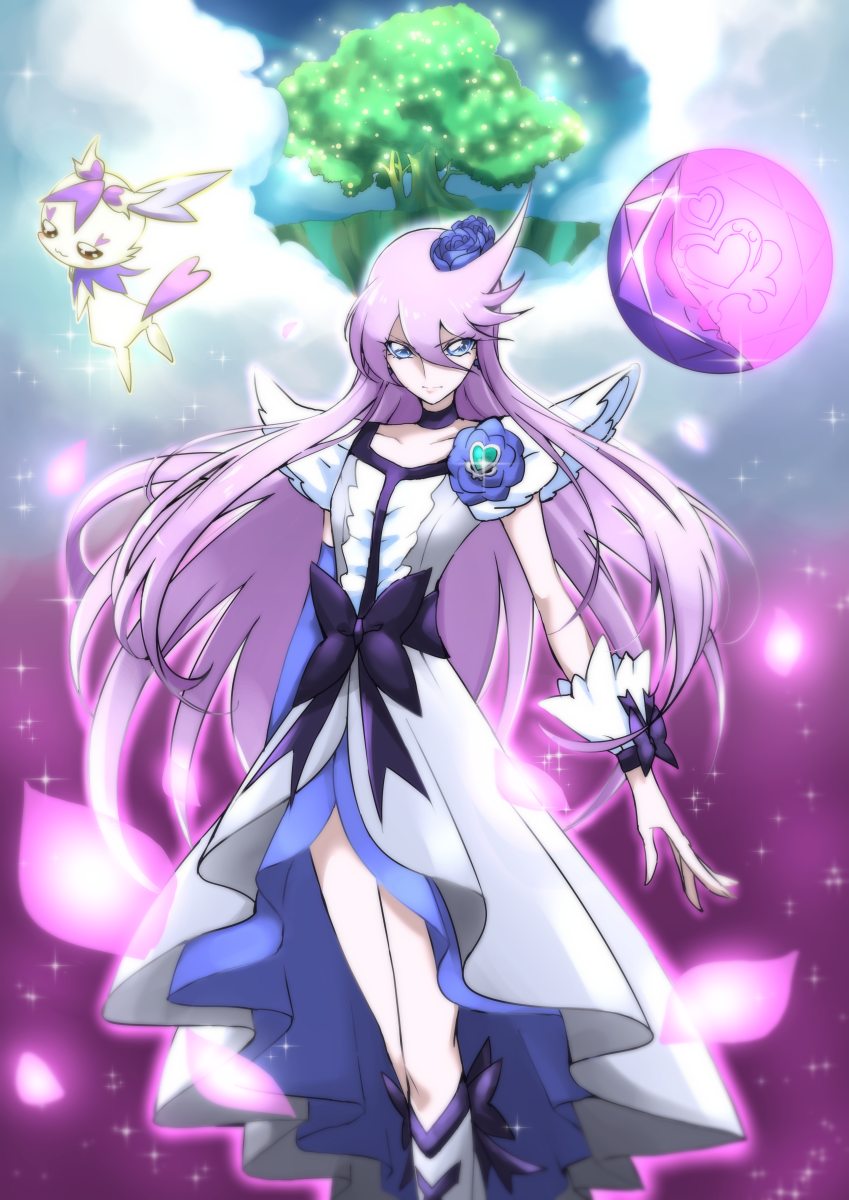 1girl black_bow blue_eyes blue_rose boots bow choker cologne_(heartcatch_precure!) creature cure_moonlight female flower gacchahero hair_flower hair_ornament heartcatch_precure! highres knee_boots long_hair magical_girl precure purple_hair rose serious single_elbow_glove tree tsukikage_yuri wrist_cuffs