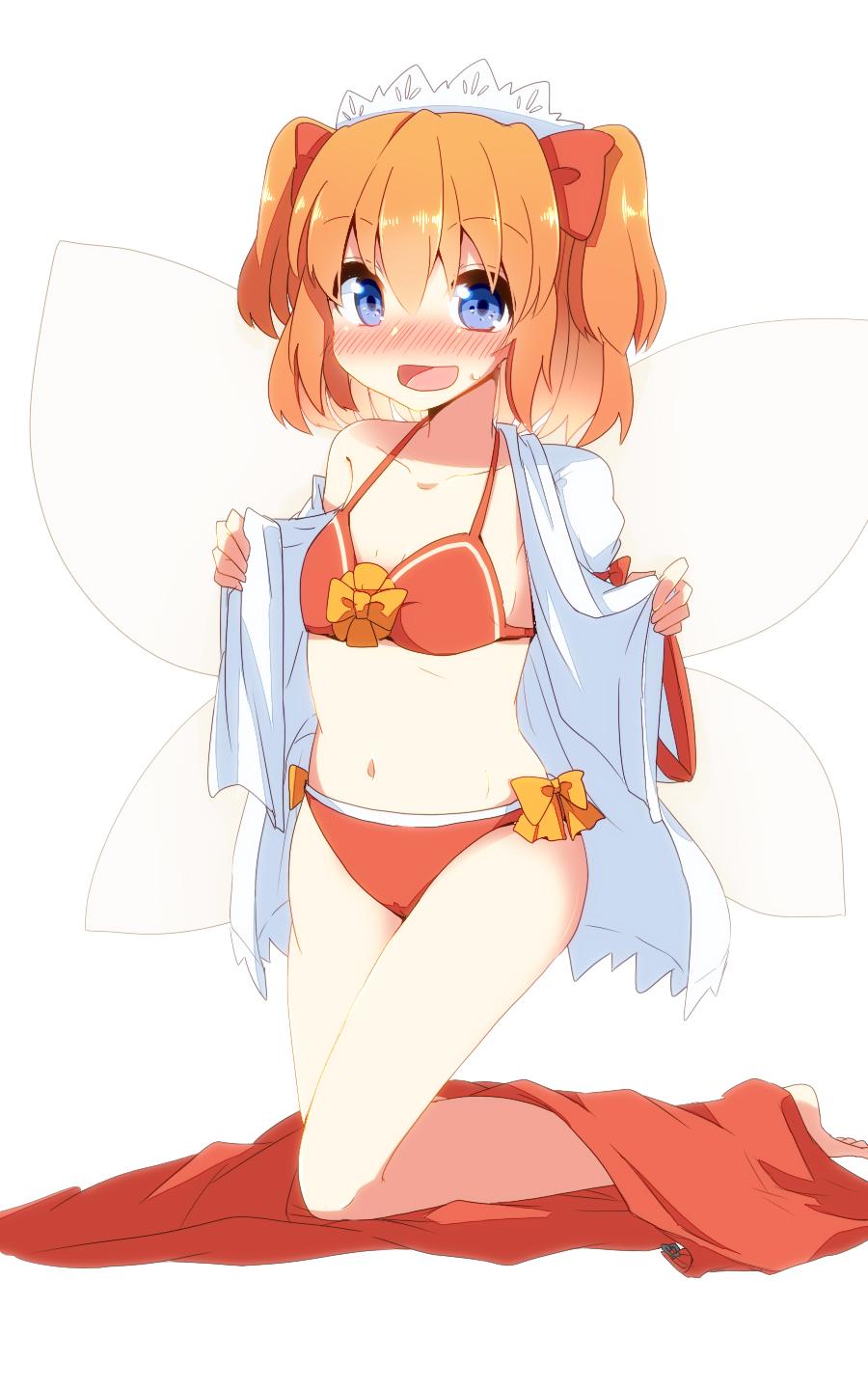 1girl :d aoi_(annbi) barefoot bikini blue_eyes blush bow dress_shirt fairy_wings flat_chest headdress highres looking_at_viewer navel open_mouth orange_hair shirt shirt_removed short_hair skirt skirt_removed smile solo sunny_milk sweat swimsuit touhou two_side_up undressing wings
