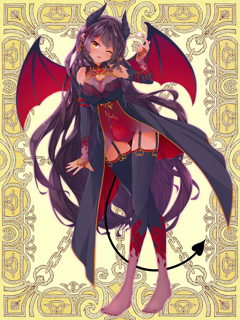 1girl barefoot black_hair breasts demon_tail dennryuurai horns large_breasts long_hair one_eye_closed orange_eyes psychic_hearts solo tail thigh-highs very_long_hair wings