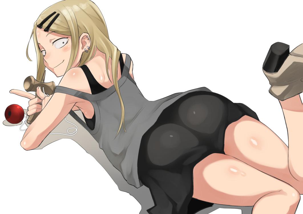 1girl ass bare_shoulders blonde_hair character_request dagashi_kashi earrings endou_saya_(dagashi_kashi) hair_ornament hairclip high_heels jewelry kendama light_smile long_hair looking_at_viewer looking_back nuezou sanpaku simple_background skirt solo strap_slip thighs white_background