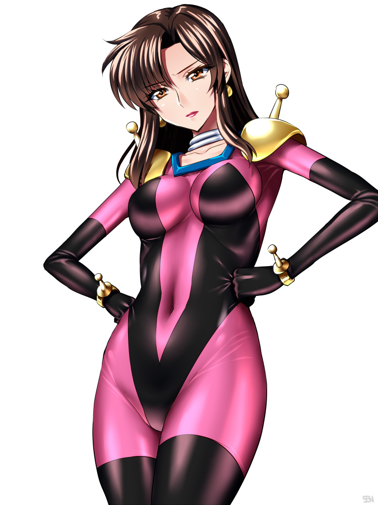1girl anzu_(onelelee) breasts brown_eyes brown_hair choker collarbone covered_navel earrings g_gundam gundam gundam_seed hands_on_hips jewelry lips lipstick makeup mobile_trace_suit murrue_ramius shiny shiny_hair short_hair shoulder_pads skin_tight solo thigh-highs