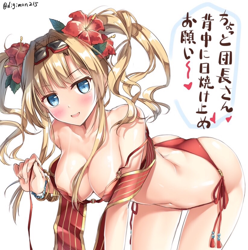 1girl all_fours ass bikini blonde_hair blue_eyes blush breasts cleavage flower granblue_fantasy hair_flower hair_ornament large_breasts long_hair looking_at_viewer open_mouth red_bikini smile solo sousouman sunglasses sunglasses_on_head swimsuit tan tanline twintails untied untied_bikini zeta_(granblue_fantasy)