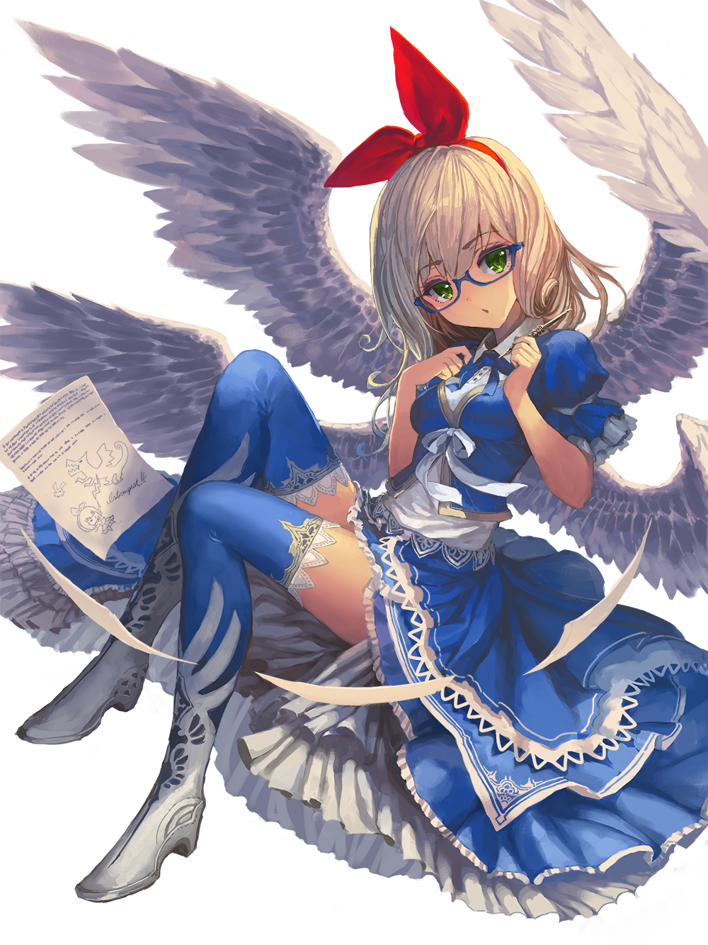 1girl bangs blonde_hair blouse blue-framed_glasses blue_blouse blue_dress blue_legwear blue_ribbon blue_skirt boots bow dress feathered_wings frilled_skirt frills geeto_gaadian green_eyes hair_bow hairband highres holding_pen knees_up long_hair looking_at_viewer multiple_wings neck_ribbon paper pen personification petticoat pixiv pixiv-tan puffy_short_sleeves puffy_sleeves red_bow ribbon short_sleeves simple_background skirt skirt_set solo thigh-highs white_background white_bow white_ribbon white_wings wing_collar wings