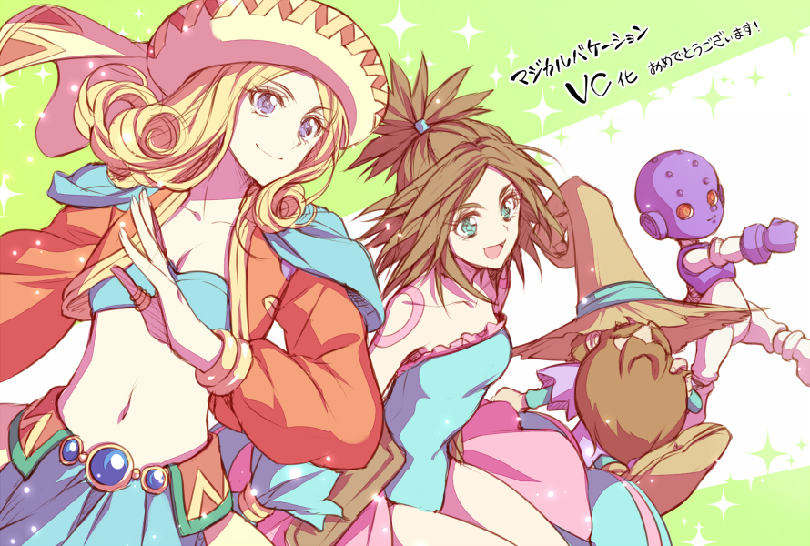 2girls bare_shoulders beard blonde_hair blue_eyes breasts brown_hair candy_mintblue character_request cleavage facial_hair hagiwara_rin hair_tie hat hat_over_eyes heroine_(magical_vacation) jacket magical_vacation midriff multiple_girls navel sparkle translation_request violet_eyes