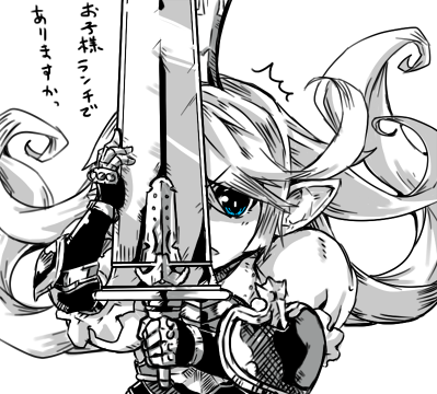 1girl blue_eyes charlotte_(granblue_fantasy) crown granblue_fantasy holding holding_sword holding_weapon huge_weapon long_hair lowres open_mouth pointy_ears shield simple_background solo spot_color sword translation_request upper_body weapon white_background