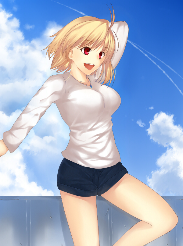 1girl :d ahoge arcueid_brunestud blonde_hair breasts clouds iro_(sekaixiro) large_breasts long_sleeves melty_blood open_mouth red_eyes skirt smile solo tsukihime type-moon