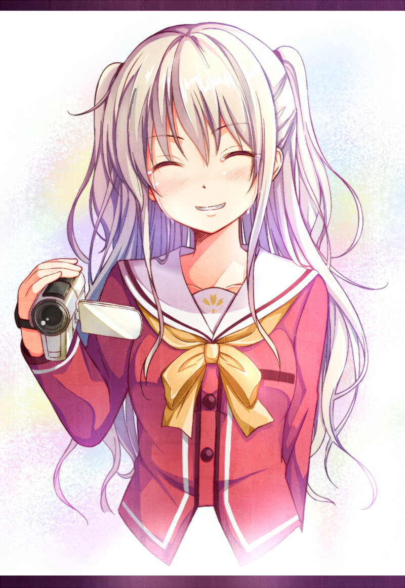 1girl camcorder charlotte_(anime) closed_eyes crying letterboxed long_hair school_uniform sekiyu. serafuku silver_hair smile tears tomori_nao twintails two_side_up