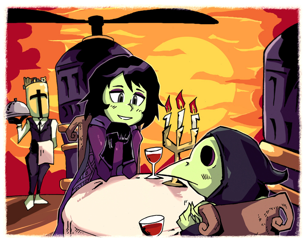 1girl 2boys alcohol black_hair candelabra candle cape chin_rest couple cup dating dinner drinking_glass eyeshadow gloves green_skin grey_eyes helmet hood makeup mask mona_(shovel_knight) multiple_boys nervous plague_doctor plague_knight propeller_knight setz short_hair shovel_knight smile sunset table towel tray vest waiter wine wine_glass