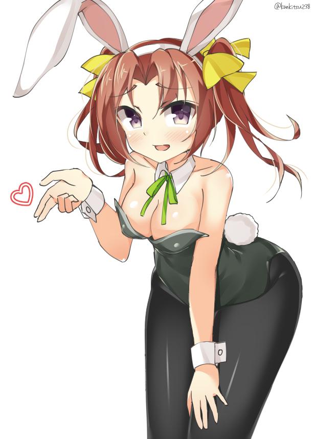 1girl animal_ears bare_shoulders black_legwear blush breasts brown_hair bunny_girl bunny_tail bunnysuit cleavage fake_animal_ears fake_animal_tail hair_ornament hair_ribbon hairband hand_on_leg heart kagerou_(kantai_collection) kankitsunabe_(citrus) kantai_collection leaning leaning_forward long_hair looking_at_viewer open_mouth pantyhose rabbit_ears ribbon simple_background smile solo tail thigh-highs twintails twitter_username white_background wrist_cuffs