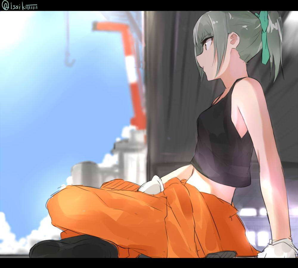 1girl arm_support artist_name blurry depth_of_field green_hair hair_ribbon indian_style isshiki_(ffmania7) jumpsuit kantai_collection leaning_back letterboxed midriff ponytail ribbon shipyard sitting solo tank_top twitter_username yuubari_(kantai_collection)