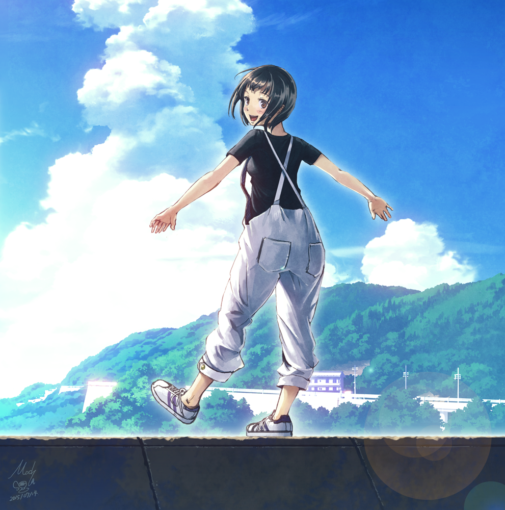 1girl :d black_hair black_shirt blue_sky brown_hair clouds looking_at_viewer mountain open_mouth original overalls pants pants_rolled_up shirt shoes short_hair sky smile sneakers solo t-shirt technoheart
