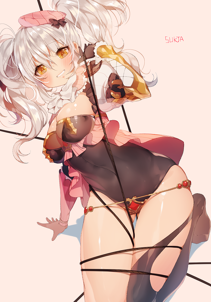 1girl artist_name blush breasts brown_legwear cleavage grin hat leotard long_hair long_sleeves looking_at_viewer mismatched_legwear original silver_hair smile solo sorolp thigh-highs torn_clothes torn_thighhighs twintails yellow_eyes