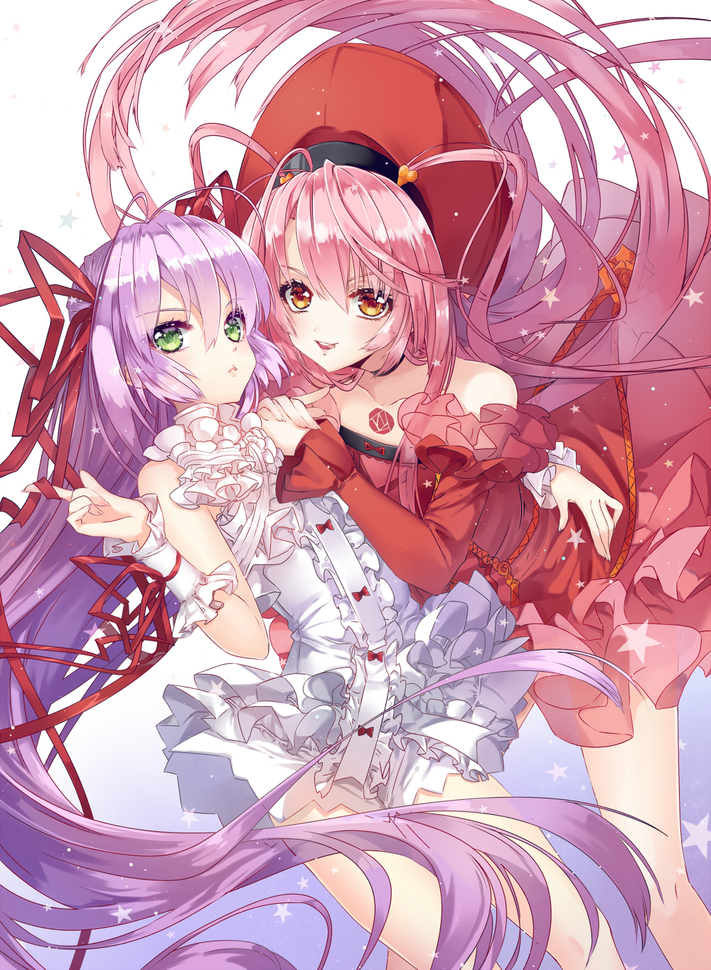 2girls al_azif another_blood demonbane detached_sleeves dress floating_hair frilled_dress frilled_sleeves frills green_eyes hair_between_eyes hair_ribbon hands_on_another's_shoulder hat highres index_finger_raised long_hair looking_at_viewer multiple_girls open_mouth orange_eyes pink_hair purple_hair red_dress red_hat red_ribbon ribbon short_dress sleeveless sleeveless_dress star tongue tongue_out very_long_hair wataru_kuri white_dress wrist_cuffs