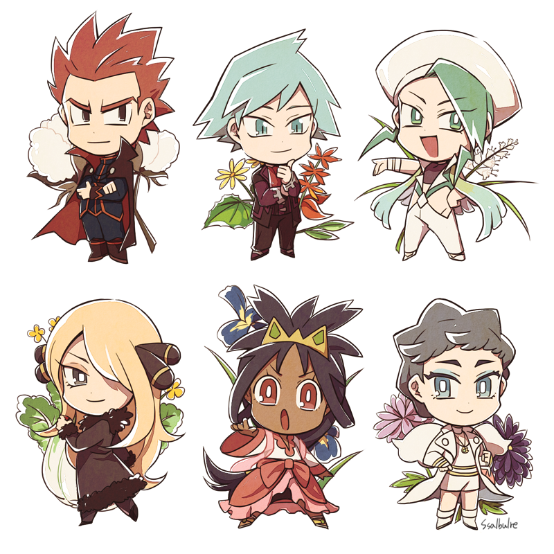 3boys 3girls blonde_hair blue_eyes cape carnet_(pokemon) chibi crown dark_skin flower hair_ornament hair_over_one_eye iris_(pokemon) jewelry long_hair looking_at_viewer mikuri_(pokemon) multiple_boys multiple_girls necklace pokemon pokemon_(game) pokemon_bw2 pokemon_dppt pokemon_hgss pokemon_oras pokemon_rse pokemon_xy purple_hair redhead shirona_(pokemon) short_hair signature silver_hair smile spoilers ssalbulre tsuwabuki_daigo two_side_up very_long_hair wataru_(pokemon) white_background