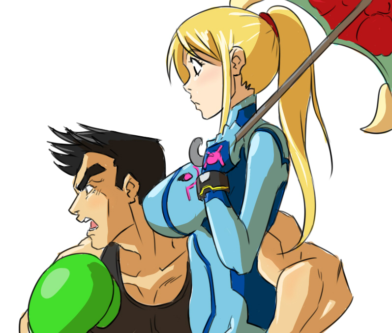 1boy 1girl black_hair blonde_hair bodysuit boxing_gloves crossover gloves jojo_no_kimyou_na_bouken joseph_joestar_(young) little_mac long_hair matsu-sensei metroid nintendo parody ponytail punch-out!! samus_aran short_hair super_smash_bros. suzi_quatro tank_top umbrella zero_suit