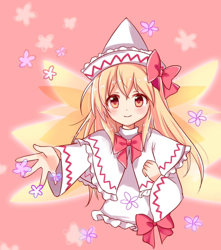 1girl blonde_hair blush bow bowtie capelet dress fairy flower foreshortening hair_bow hat lily_white long_hair looking_at_viewer outstretched_hand pink_background red_eyes sketch smile solo touhou upper_body wide_sleeves yada_(xxxadaman)