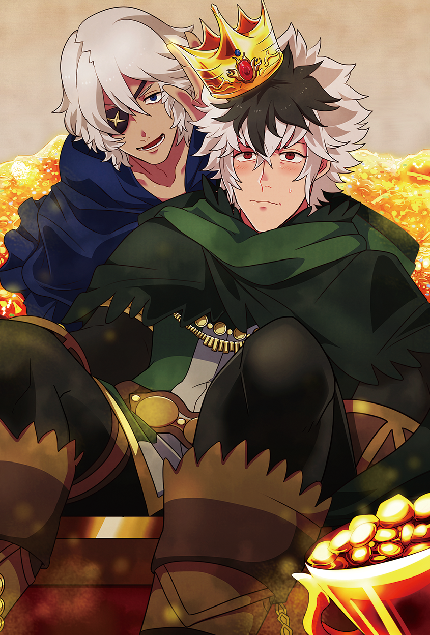 2boys asura_(fire_emblem_if) black_hair blue_eyes blush cape crown eyepatch fire_emblem fire_emblem_if highres money multicolored_hair multiple_boys open_mouth red_eyes sitting soumu two-tone_hair white_hair zero_(fire_emblem_if)