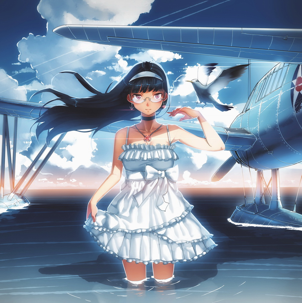 1girl airplane anchor_symbol bird choker clouds cloudy_sky dress earrings glasses jewelry long_hair necklace original partially_submerged siqi_(miharuu) sky solo weapon