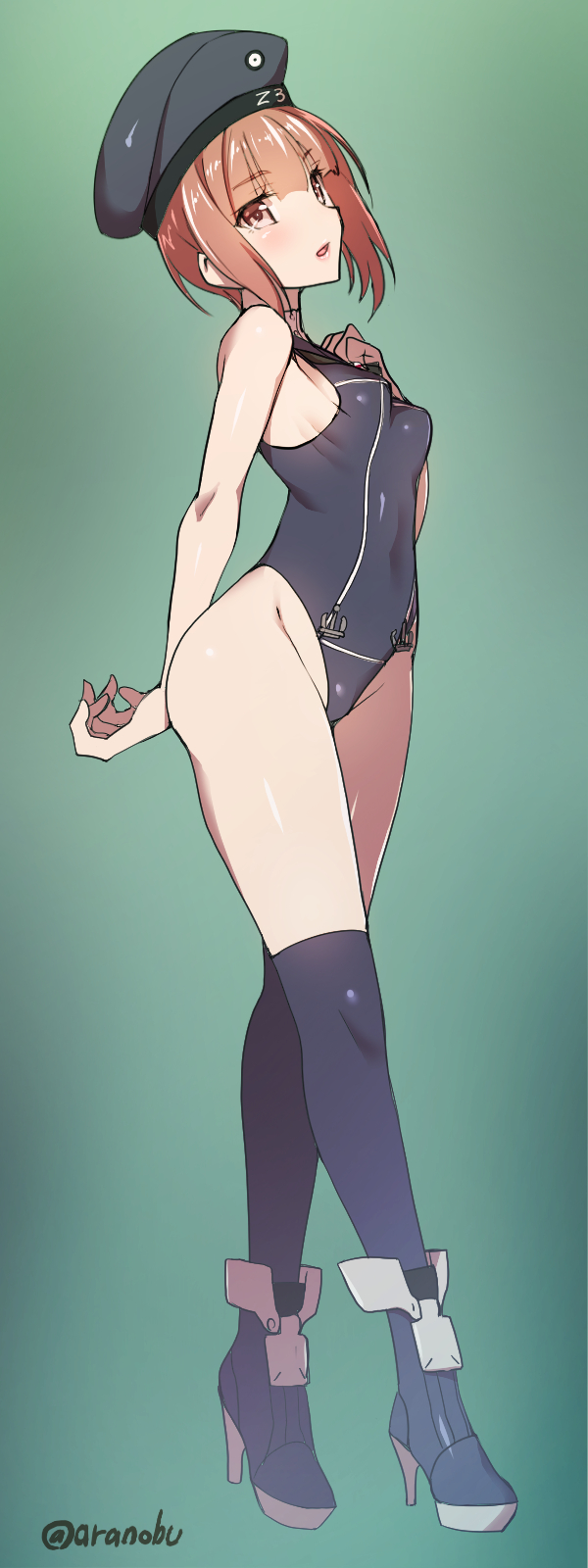 1girl adapted_costume arm_behind_back beret brown_eyes brown_hair clothes_writing commentary_request from_side green_background hand_on_own_chest hat highleg highleg_swimsuit highres kantai_collection kneehighs leotard looking_at_viewer open_mouth playboy_bunny_leotard sailor_hat short_hair signature solo swimsuit takeda_aranobu twitter_username z3_max_schultz_(kantai_collection)