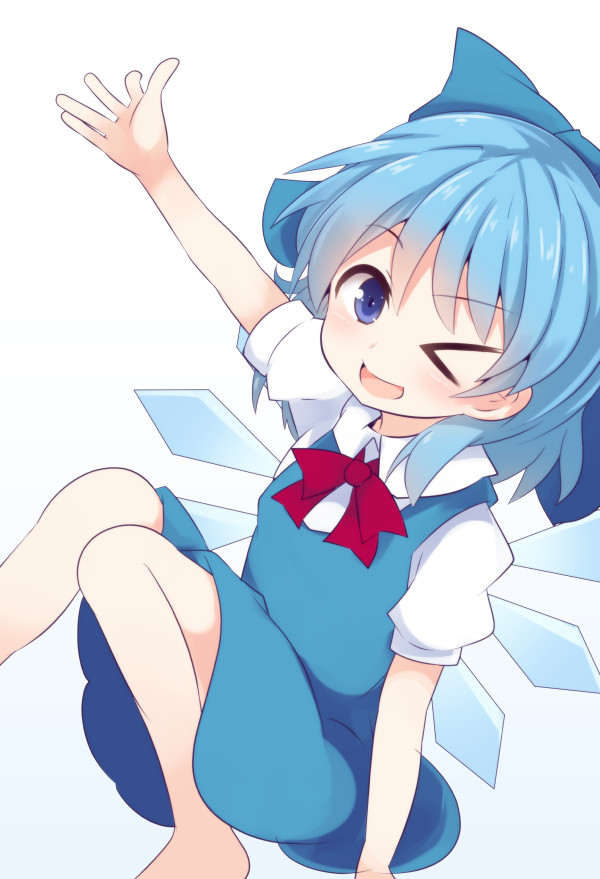 &gt;_o 1girl beni_shake blue_eyes blue_hair bow cirno hair_bow ice ice_wings one_eye_closed outstretched_hand solo touhou wings
