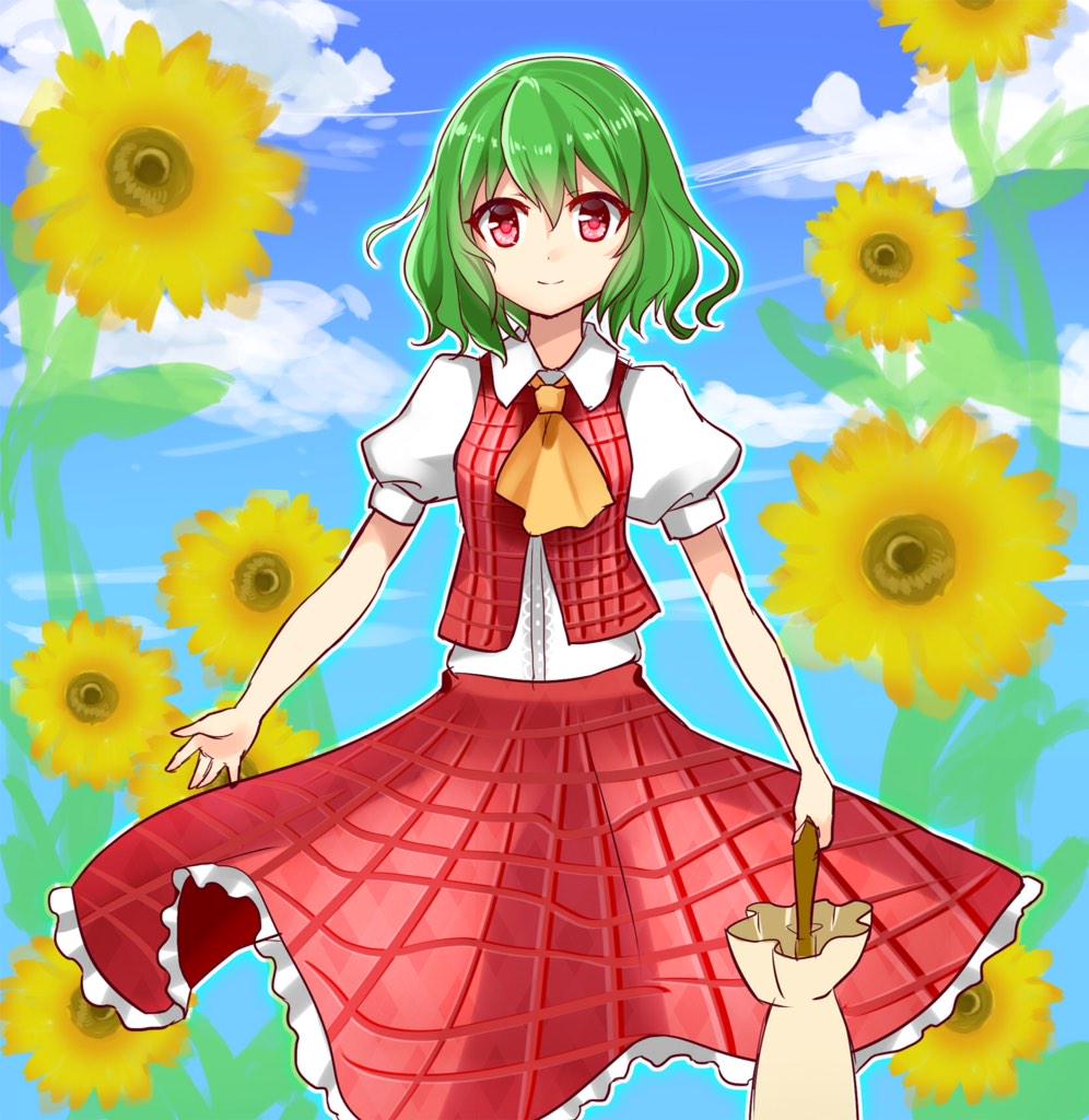1girl ascot blouse clouds cloudy_sky cowboy_shot flower green_hair kazami_yuuka looking_at_viewer no_legs outline parasol plaid plaid_skirt plaid_vest puffy_short_sleeves puffy_sleeves red_eyes short_hair short_sleeves sketch skirt skirt_set sky smile solo sunflower touhou umbrella yada_(xxxadaman)