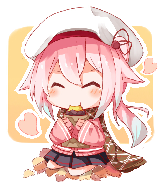 1girl ^_^ beret black_skirt chibi closed_eyes commentary_request eating food gasuto_(kamikami) harusame_(kantai_collection) hat kantai_collection pink_hair pleated_skirt skirt sleeves_past_wrists solo
