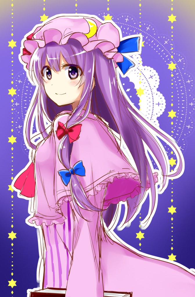 1girl ascot book bow capelet cowboy_shot dress hair_bow hat long_hair looking_at_viewer mob_cap moon_(ornament) outline pajamas patchouli_knowledge profile purple_hair sketch smile solo star striped striped_dress touhou violet_eyes yada_(xxxadaman)