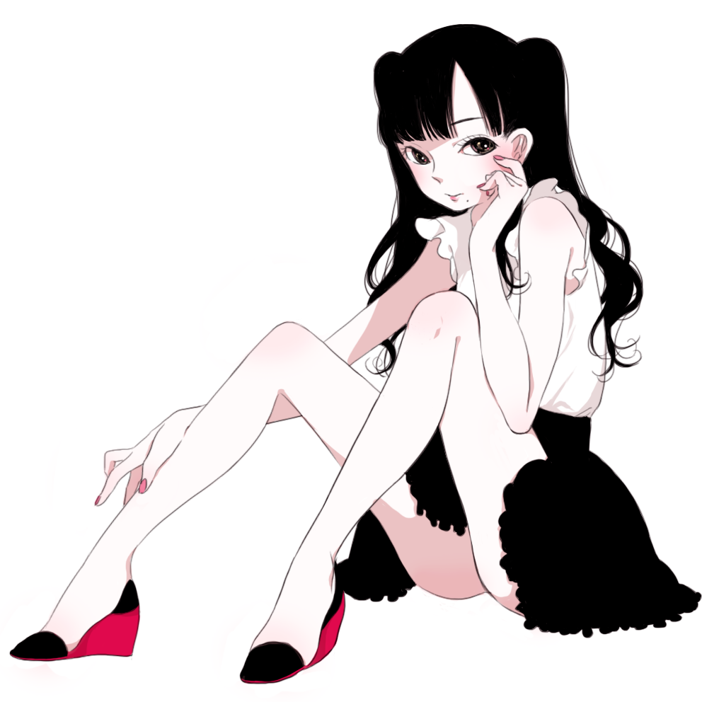 1girl bangs black_hair black_skirt hello!_project high_heels long_hair looking_at_viewer michishige_sayumi mole mole_under_mouth morning_musume nail_polish pink_lips pink_nails real_life shirt shokugyo simple_background sitting skirt sleeveless sleeveless_shirt white_background white_shirt