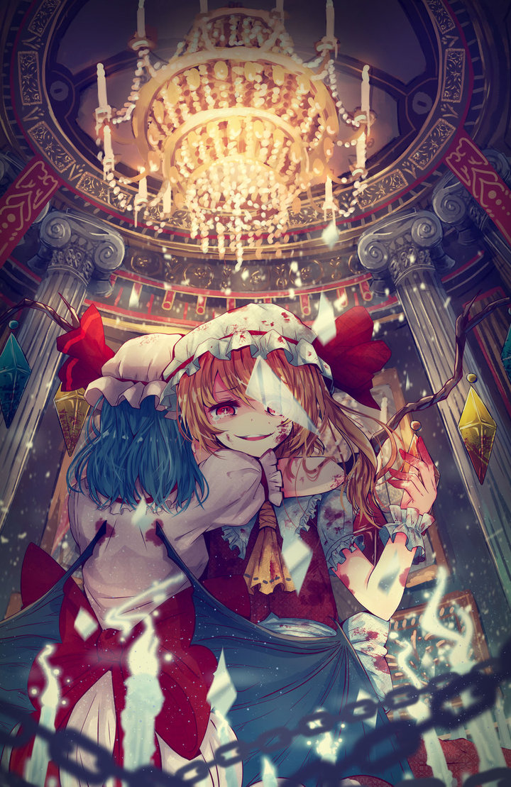 2girls ascot asymmetrical_hair bat_wings blonde_hair blood blood_on_face bloody_clothes blue_hair chain crying crying_with_eyes_open crystal daikazoku63 dress flandre_scarlet hat hat_ribbon hug mob_cap multiple_girls open_mouth pink_dress puffy_sleeves red_eyes remilia_scarlet ribbon sash shirt short_sleeves siblings side_ponytail sisters skirt skirt_set smile tears touhou vest wings wrist_cuffs